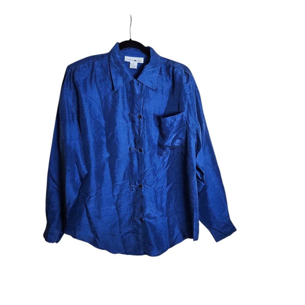 Jonathan Martin Royal Blue 100% Silk Toggle Button Long Sleeve Blouse Medium